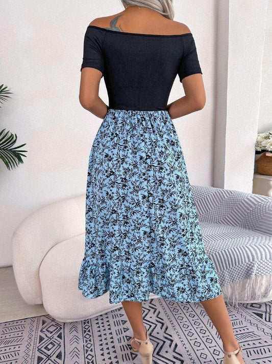 Printed Off-Shoulder Ruffle Hem Dress - Trendsi - Flyclothing LLC