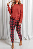 Round Neck Top and Drawstring Plaid Pants Lounge Set - Trendsi - Flyclothing LLC