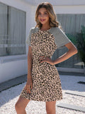 Leopard Round Neck Short Sleeve Mini Dress - Trendsi - Flyclothing LLC