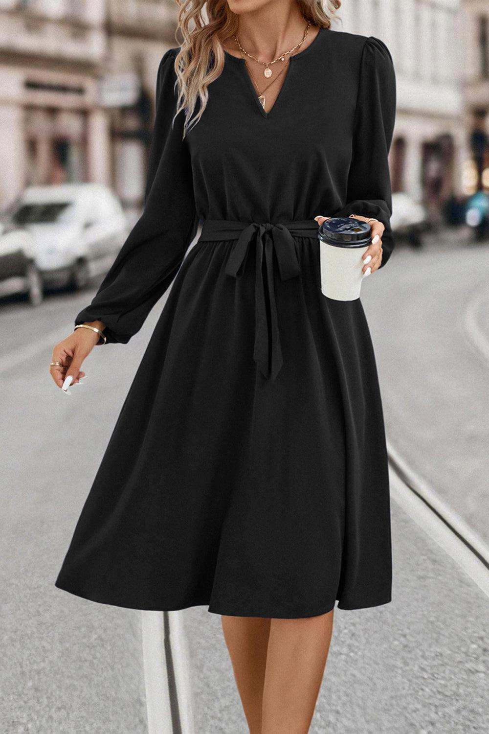 Tie Waist Notched Neck Long Sleeve Dress - Trendsi - Flyclothing LLC