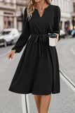 Tie Waist Notched Neck Long Sleeve Dress - Trendsi - Flyclothing LLC