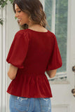 Smocked Balloon Sleeve Peplum Blouse - Trendsi - Flyclothing LLC