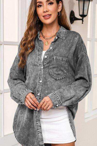 Button Up Dropped Shoulder Denim Top - Trendsi - Flyclothing LLC
