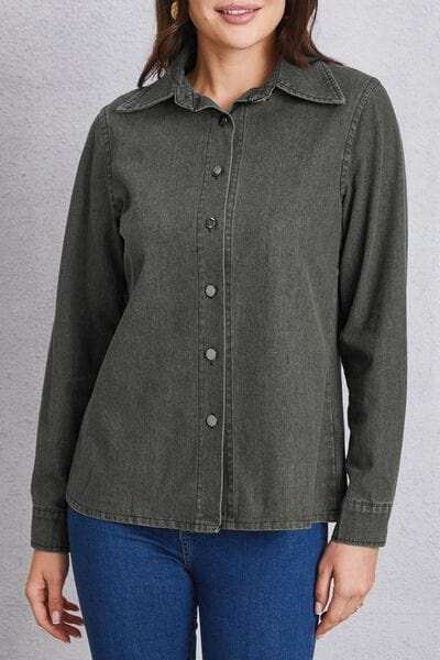 Collared Neck Button Up Denim Top - Trendsi - Flyclothing LLC
