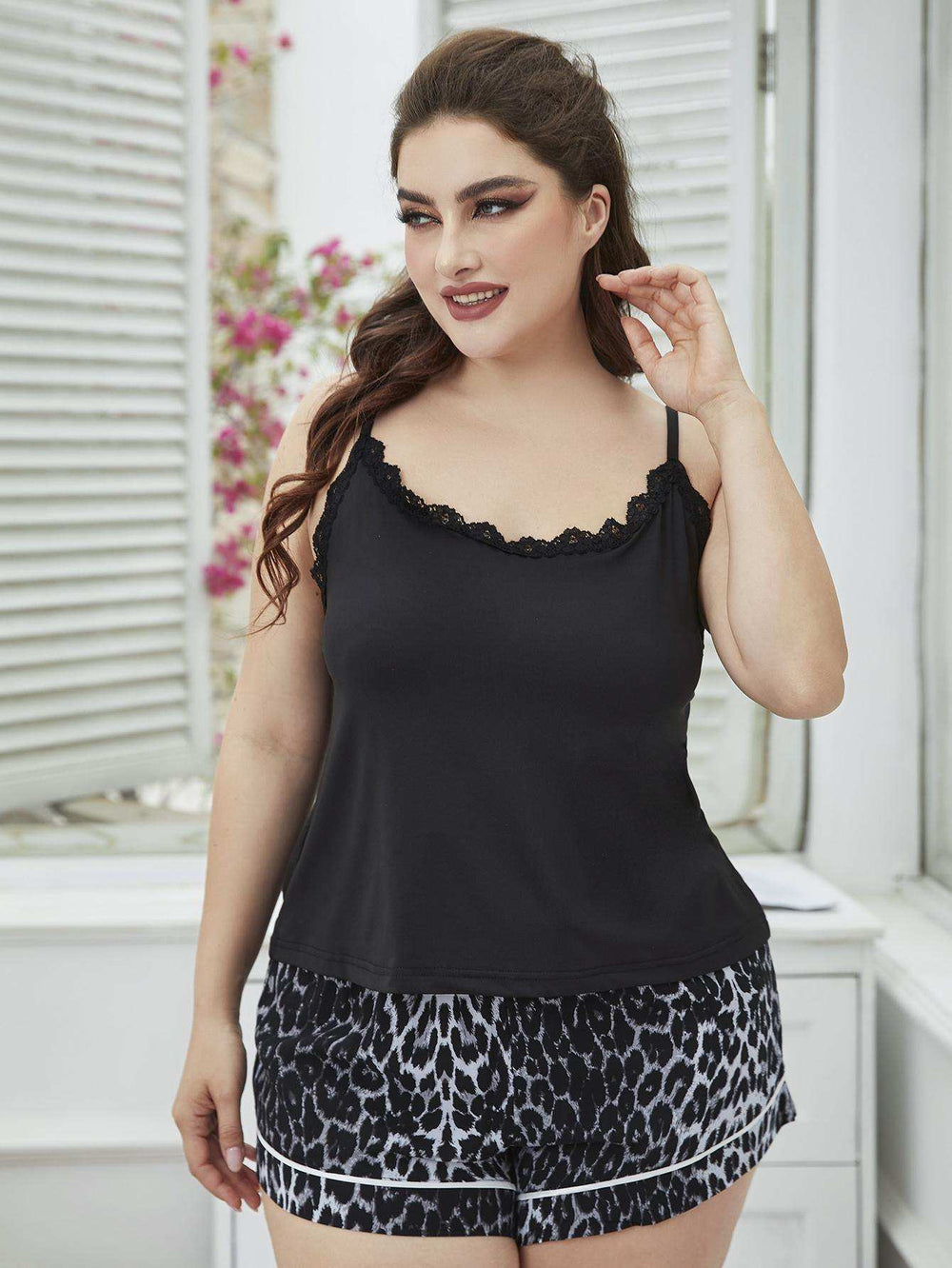 Plus Size Lace Trim Scoop Neck Cami and Printed Shorts Pajama Set - Trendsi - Flyclothing LLC