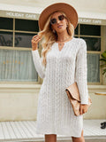 Notched Neck Cable-Knit Slit Sweater Dress - Trendsi - Flyclothing LLC