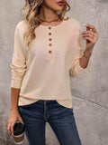 Round Neck Buttoned Slit Long Sleeve Top - Trendsi - Flyclothing LLC