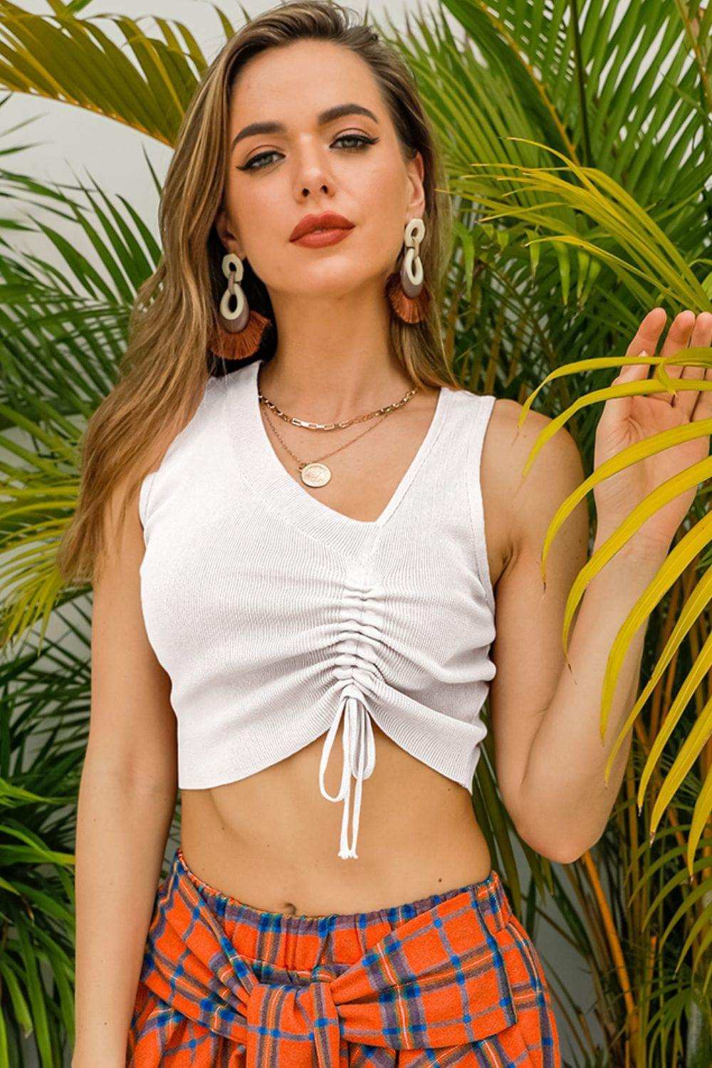 Drawstring Ruched Asymmetrical Neck Cropped Knit Top - Trendsi - Flyclothing LLC