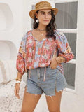 Plus Size Printed Tie Neck Balloon Sleeve Blouse - Trendsi - Flyclothing LLC