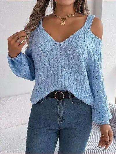 Cable-Knit Cold Shoulder Long Sleeve Sweater - Trendsi - Flyclothing LLC