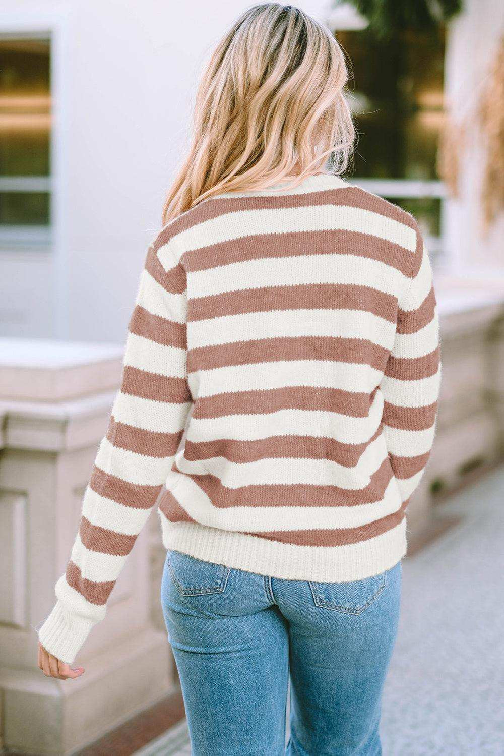 Striped Round Neck Long Sleeve Sweater - Trendsi - Flyclothing LLC