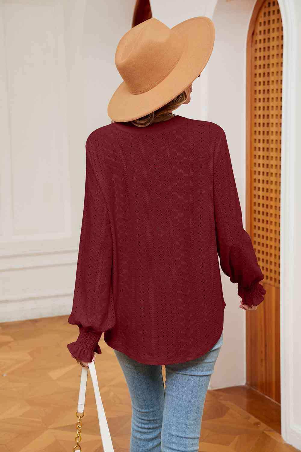 Notched Neck Flounce Sleeve Blouse - Trendsi - Flyclothing LLC