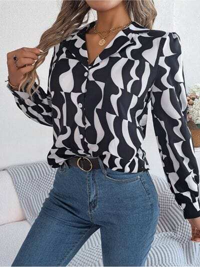 Printed Button Up Long Sleeve Shirt - Trendsi - Flyclothing LLC