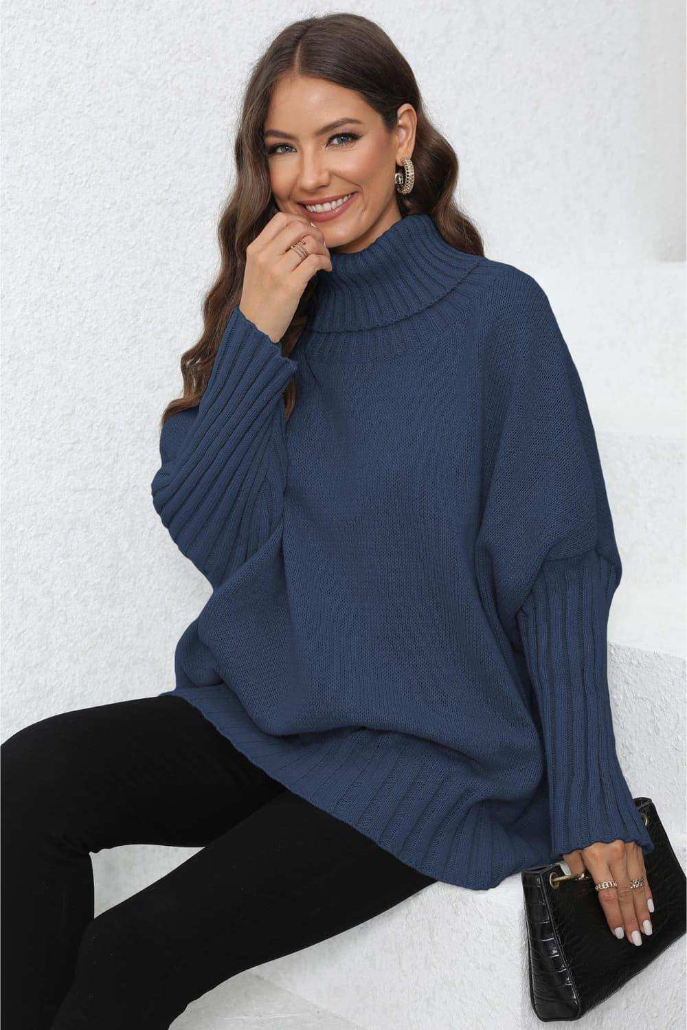 Turtle Neck Long Sleeve Ribbed Sweater - Trendsi - Flyclothing LLC