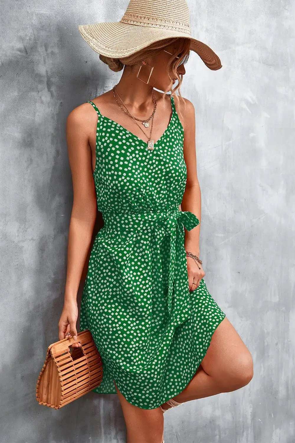 Printed V-Neck Tie Waist Mini Dress - Trendsi - Flyclothing LLC