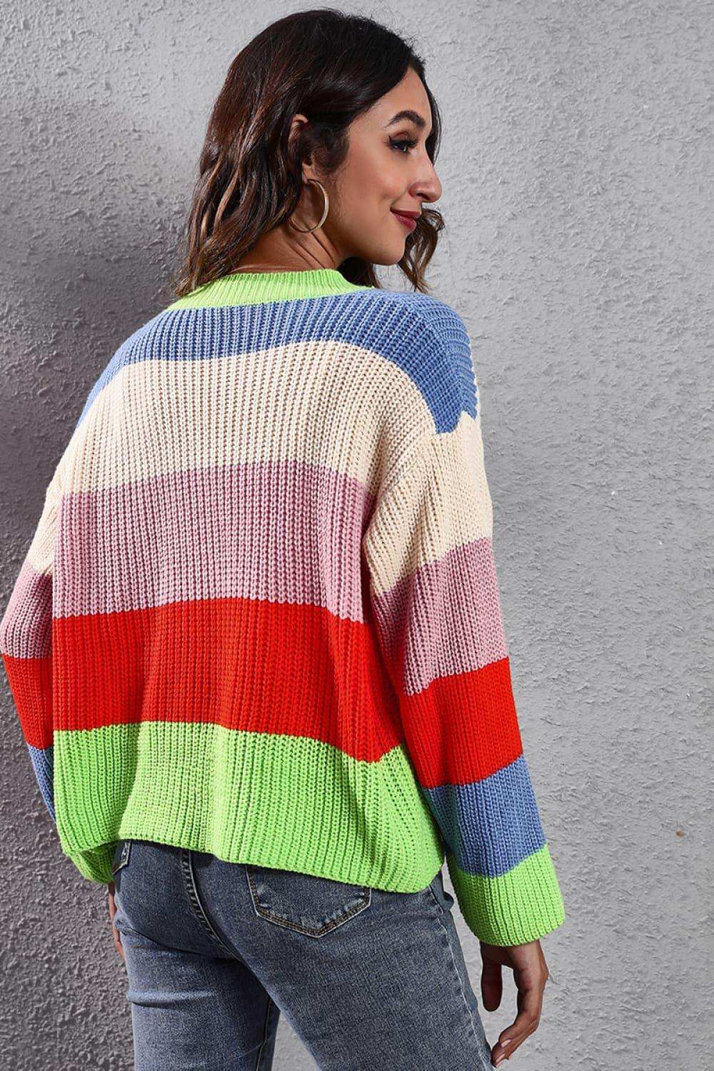Color Block Button-Down Dropped Shoulder Cardigan - Trendsi - Flyclothing LLC