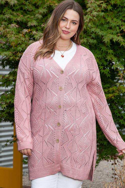 Plus Size Openwork V-Neck Long Sleeve Buttoned Cardigan - Trendsi - Flyclothing LLC