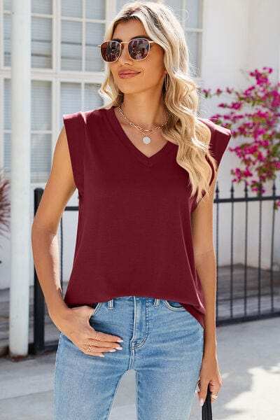V-Neck Cap Sleeve Tank - Trendsi - Flyclothing LLC
