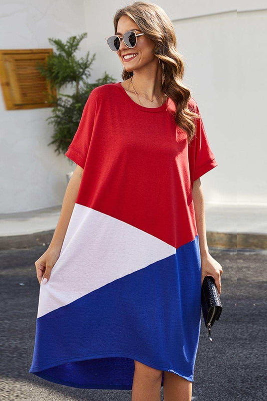 Color Block Round Neck Short Sleeve Dress - Trendsi - Flyclothing LLC