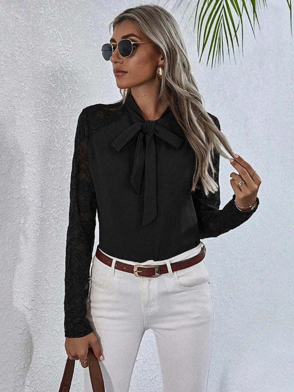 Tie Neck Spliced Lace Long Sleeve Top - Trendsi - Flyclothing LLC