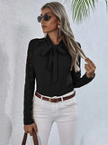 Tie Neck Spliced Lace Long Sleeve Top - Trendsi - Flyclothing LLC