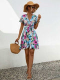 Printed Surplice Tie Waist Mini Dress - Trendsi - Flyclothing LLC