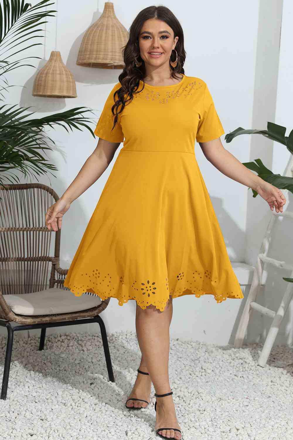 Plus Size Round Neck Openwork Dress - Trendsi - Flyclothing LLC