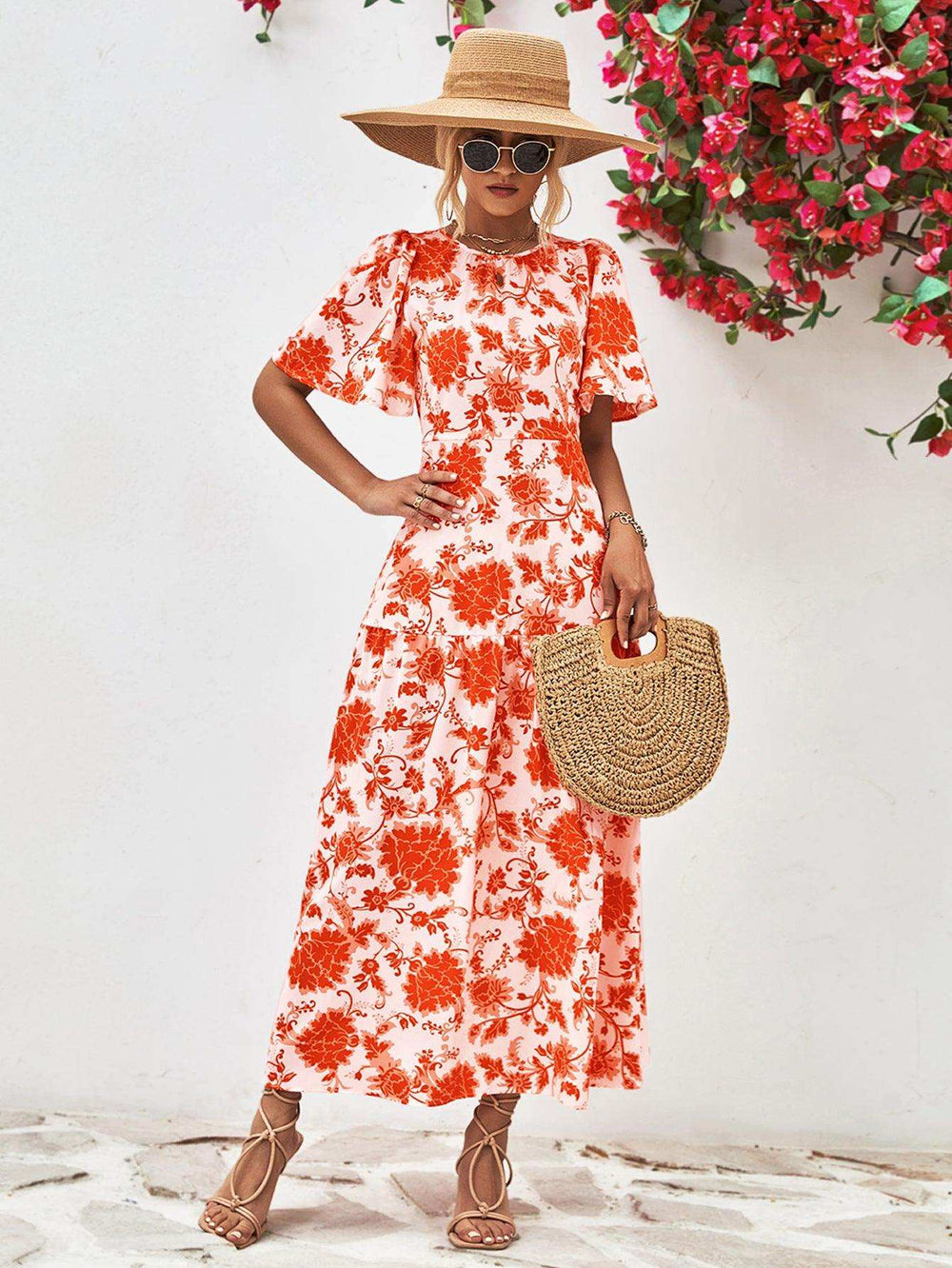 Floral Round Neck Tied Open Back Dress - Trendsi - Flyclothing LLC