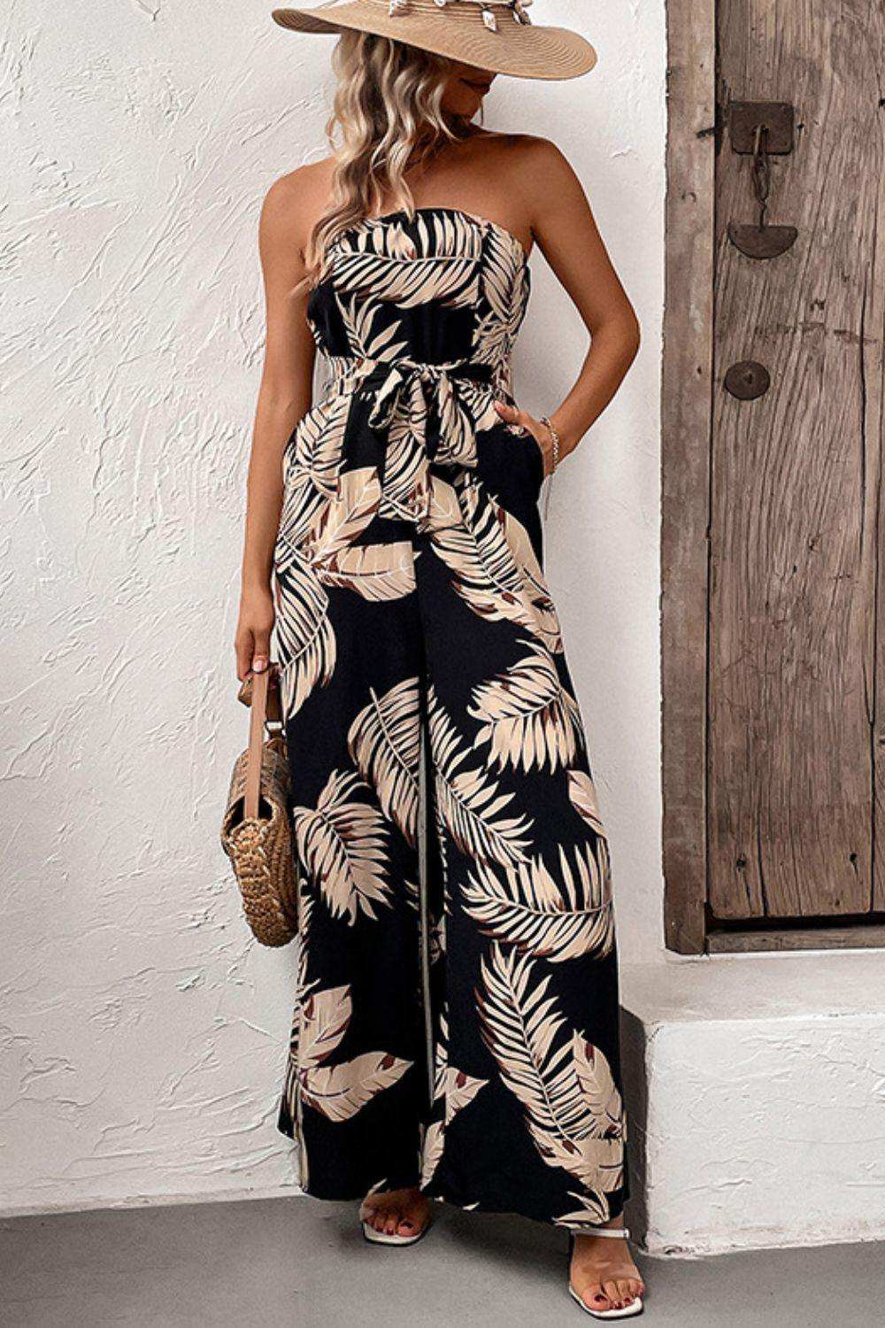 Printed Strapless Wide Leg Jumpsuit with Pockets - Trendsi - Flyclothing LLC