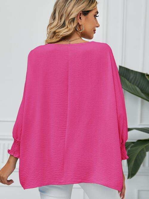 Smocked Lantern Sleeve Round Neck Blouse - Trendsi - Flyclothing LLC