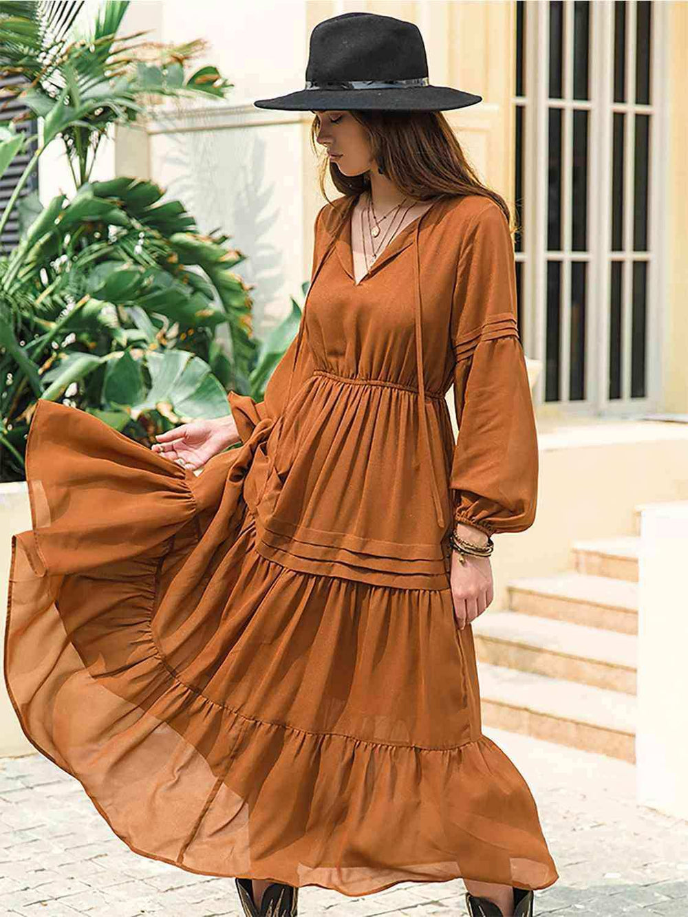Tie Neck Long Sleeve Midi Tiered Dress - Trendsi - Flyclothing LLC