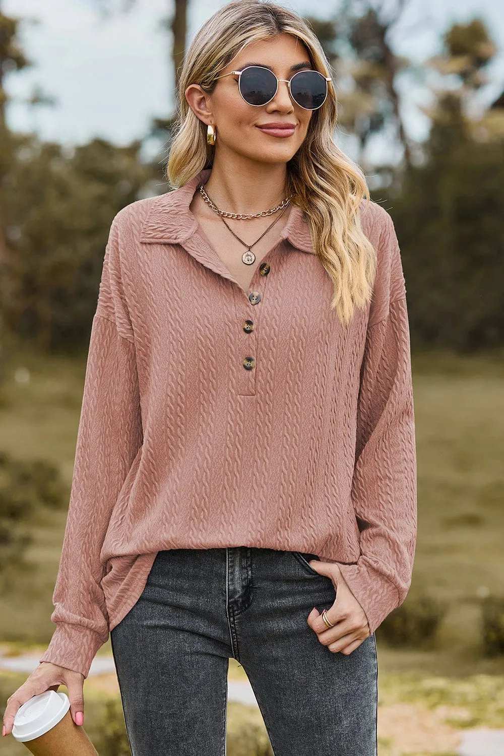 Half Button Dropped Shoulder Blouse - Trendsi - Flyclothing LLC