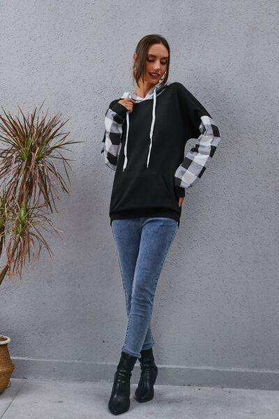Plaid Drawstring Dropped Shoulder Hoodie - Trendsi - Flyclothing LLC
