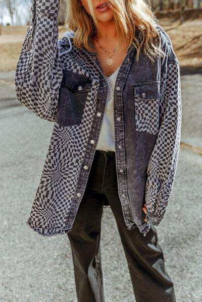 Plaid Snap Down Raw Hem Drawstring Hooded Jacket - Trendsi - Flyclothing LLC