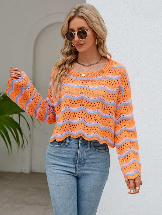 Round Neck Openwork Flare Sleeve Knit Top - Trendsi - Flyclothing LLC