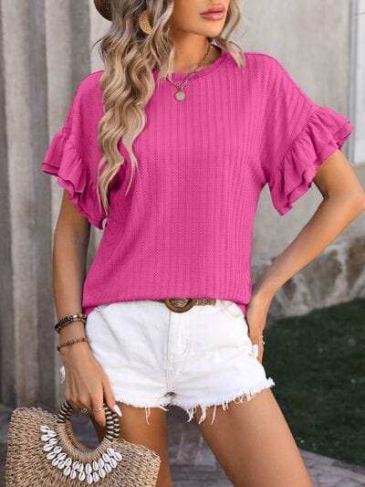 Ruffled Round Neck Short Sleeve Blouse - Trendsi - Flyclothing LLC