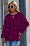Plaid Tie Neck Balloon Sleeve Blouse - Trendsi - Flyclothing LLC