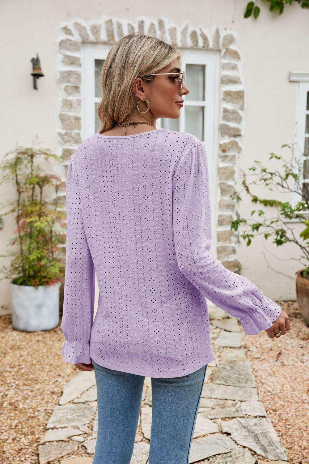 Eyelet Lace Trim Flounce Sleeve Blouse - Trendsi - Flyclothing LLC