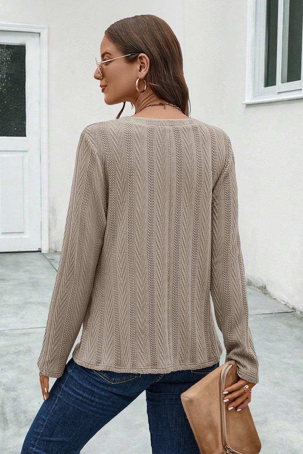 Buttoned Notched Neck Long Sleeve T-Shirt - Trendsi - Flyclothing LLC