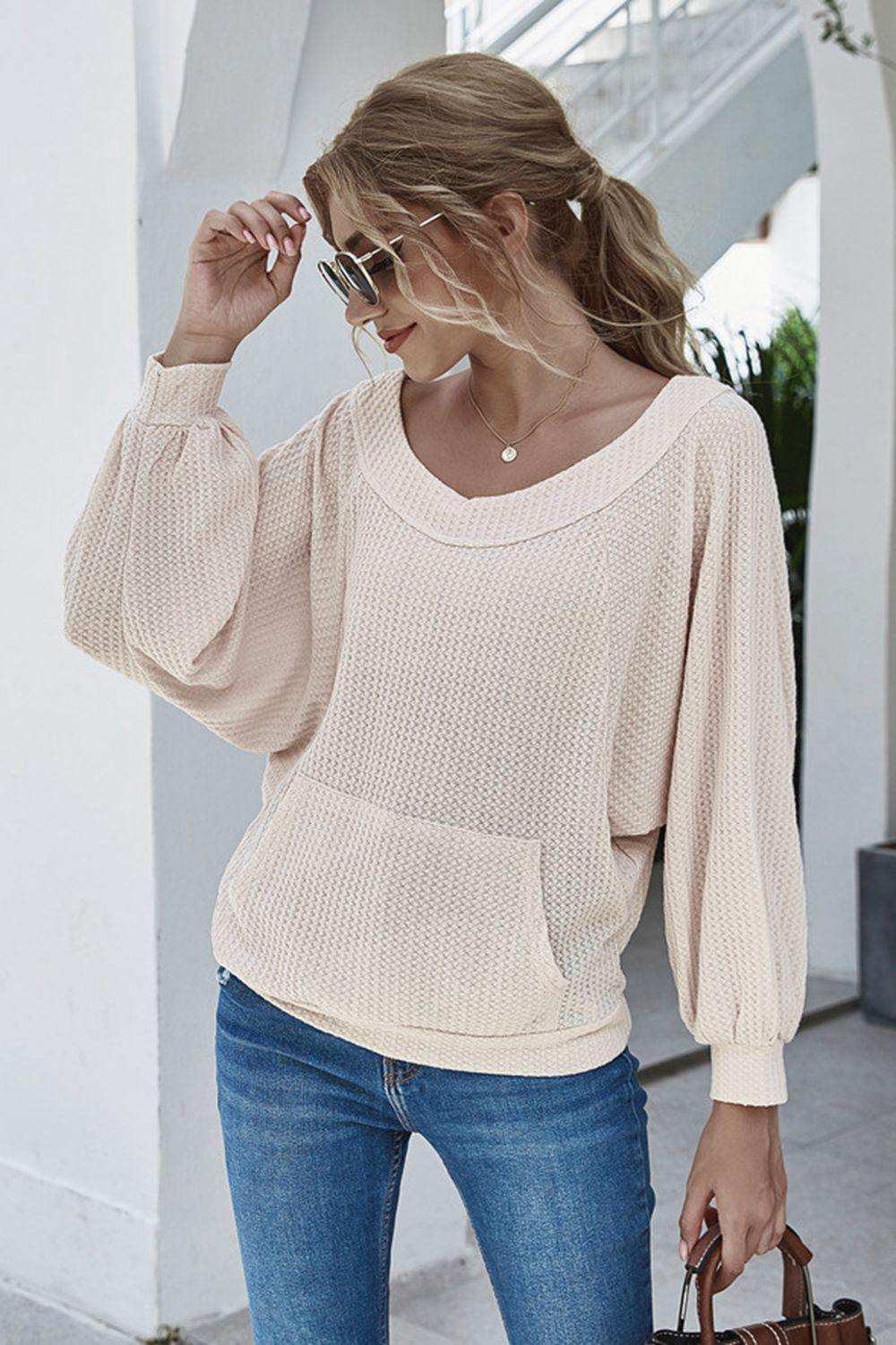 Boat Neck Waffle-knit Lantern Sleeve Blouse with Pocket - Trendsi - Flyclothing LLC