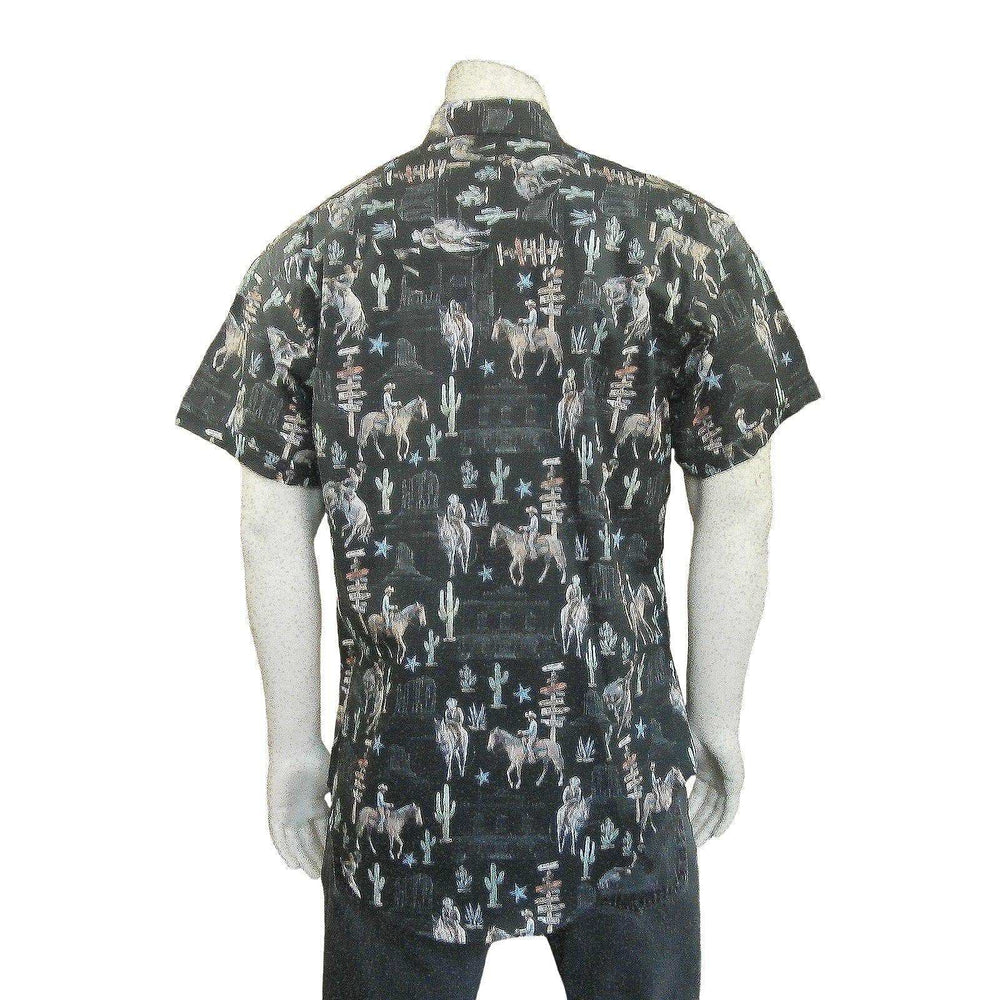 Rockmount Clothing Mens Black Cactus & Cowboys Print Short Sleeve Western Shirt - Rockmount Clothing - Flyclothing LLC