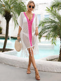 Contrast Fringe Trim Openwork Cover-Up Dress - Trendsi - Flyclothing LLC