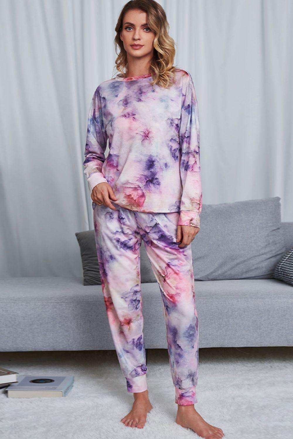 Tie-Dye Crewneck Top and Drawstring Waist Joggers Lounge Set - Trendsi - Flyclothing LLC