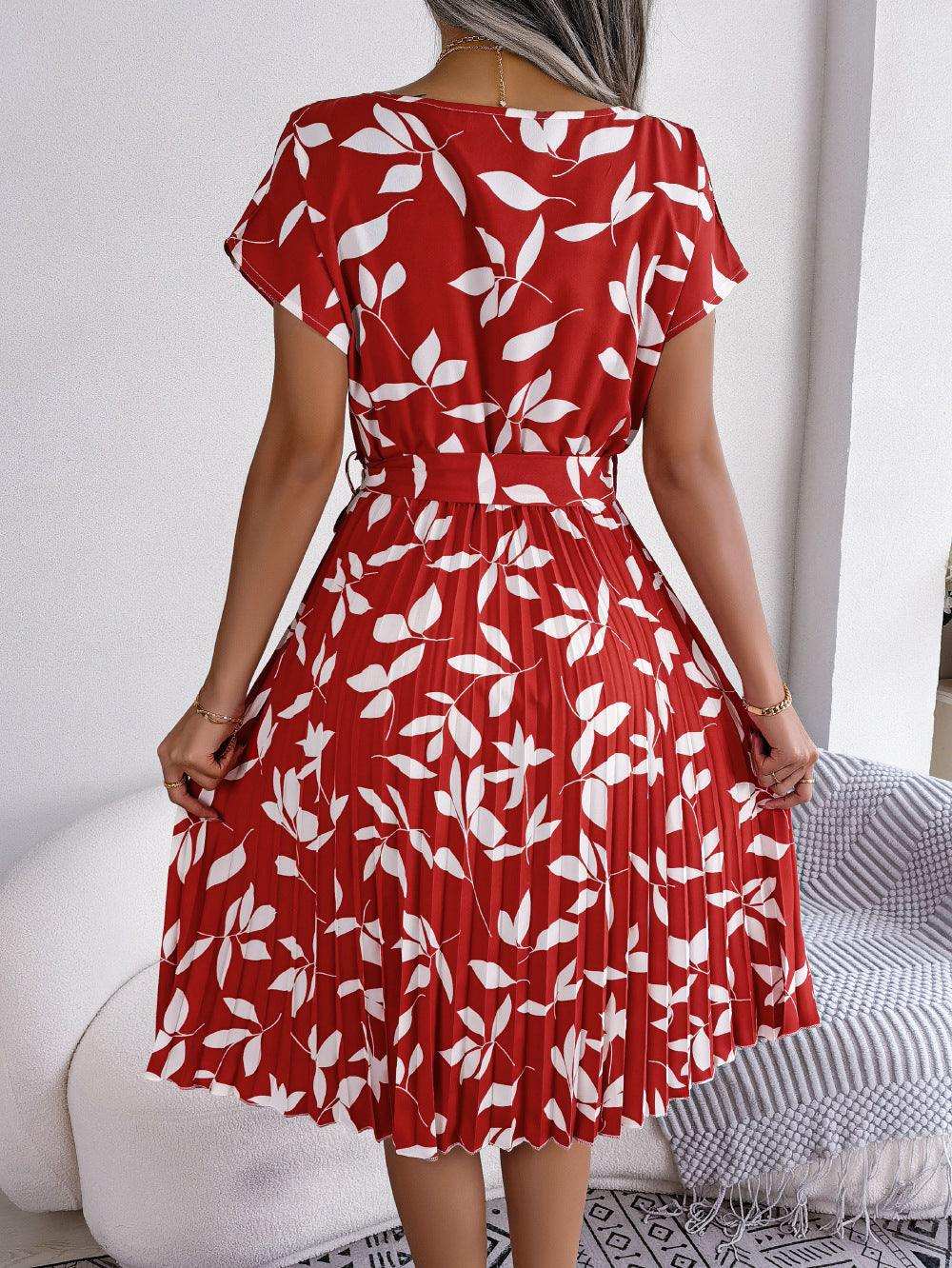 Printed Round Neck Short Sleeve Pleated Dress - Trendsi - Flyclothing LLC