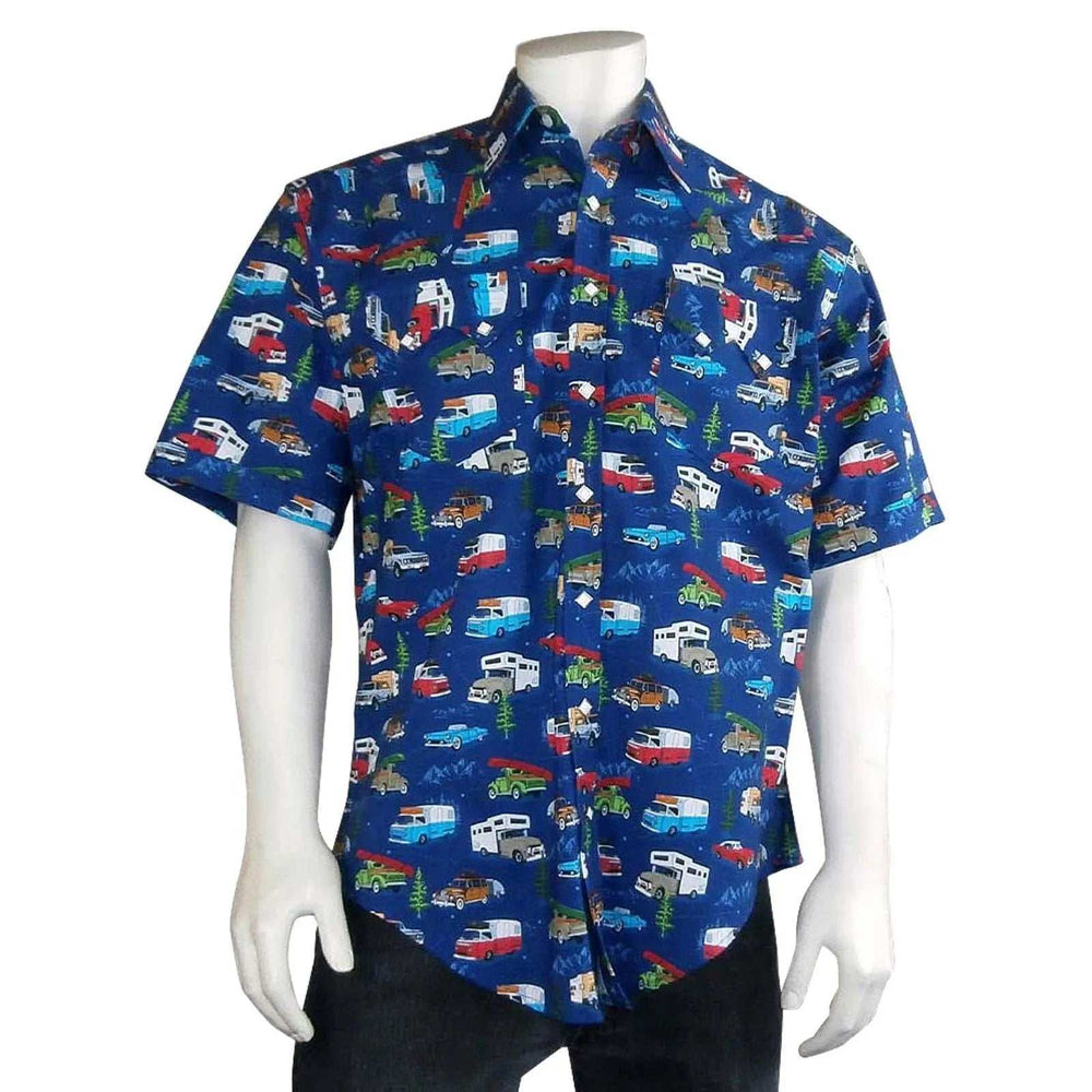 Men’s Retro Campers Print Short Sleeve Western Shirt in Navy - Rockmount Clothing - Flyclothing LLC
