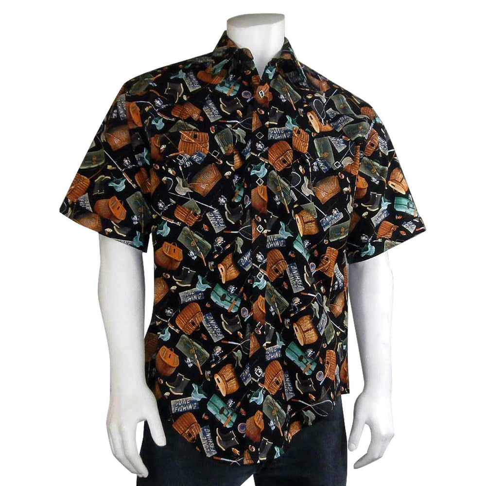 Rockmount Clothing Mens Gone Fishing Print Short Sleeve Western Shirt In Black - Rockmount Clothing - Flyclothing LLC