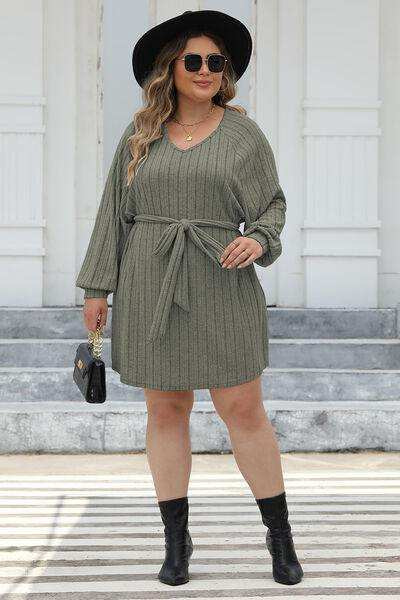 Plus Size Ribbed Tie Front Long Sleeve Sweater Dress - Trendsi - Flyclothing LLC