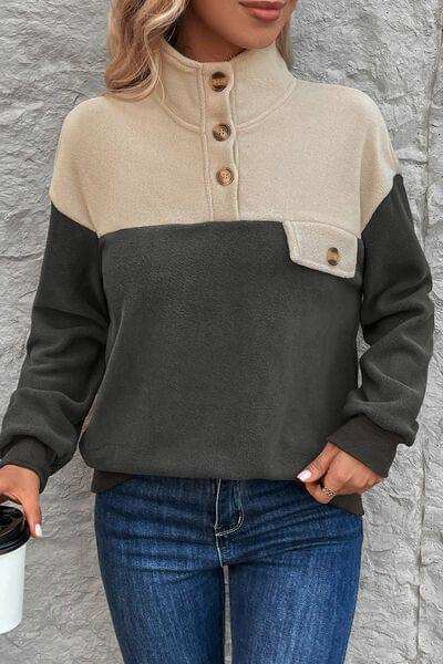Color Block Quarter Button Dropped Shoulder Sweatshirt - Trendsi - Flyclothing LLC