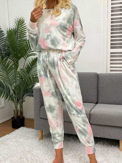 Tie-Dye Round Neck Top and Drawstring Pants Lounge Set - Trendsi - Flyclothing LLC