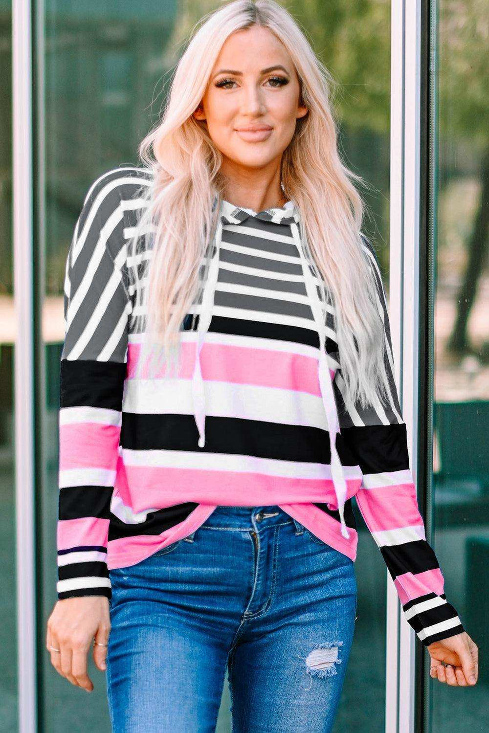 Striped Drawstring Detail Long Sleeve Hoodie - Trendsi - Flyclothing LLC